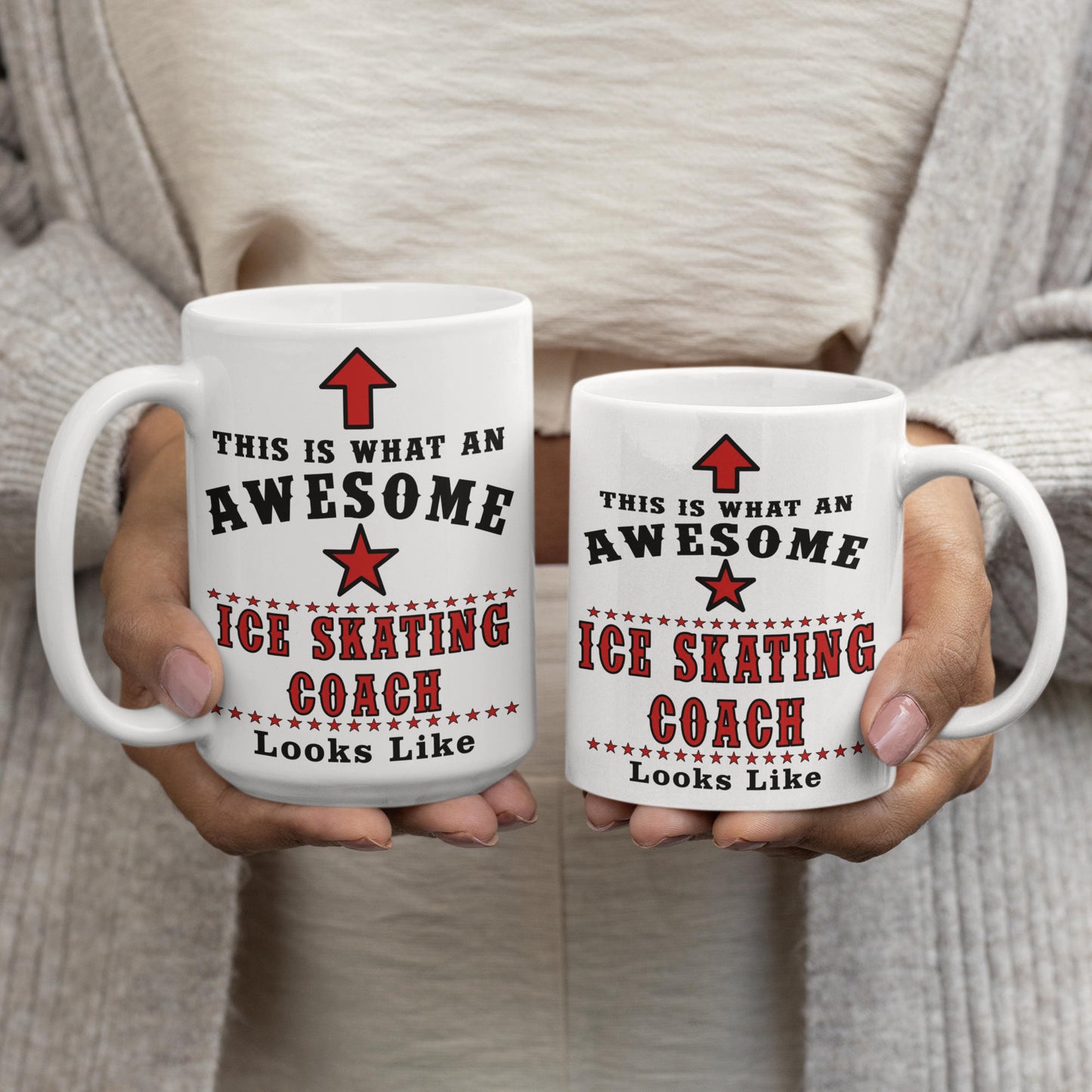 Ice skating coach mug comparison showing 15oz and 11oz sizes both printed with awesome ice skating coach quote