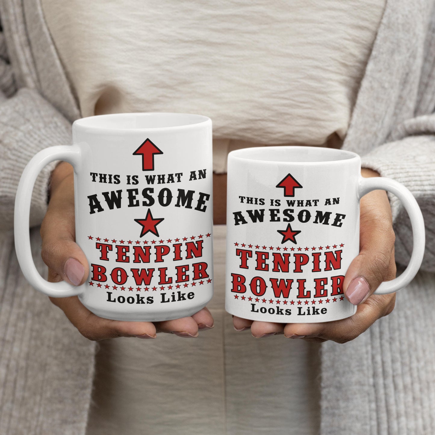 Awesome Tenpin Bowler mug 15oz and 11oz size comparison held in hand