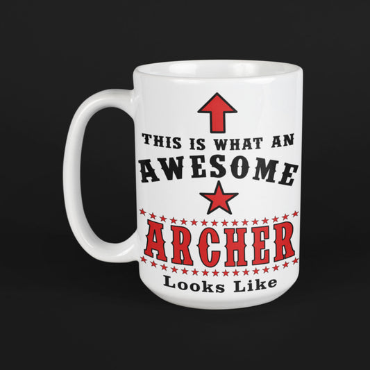 White 15oz ceramic mug with red and black Awesome Archer design on black background