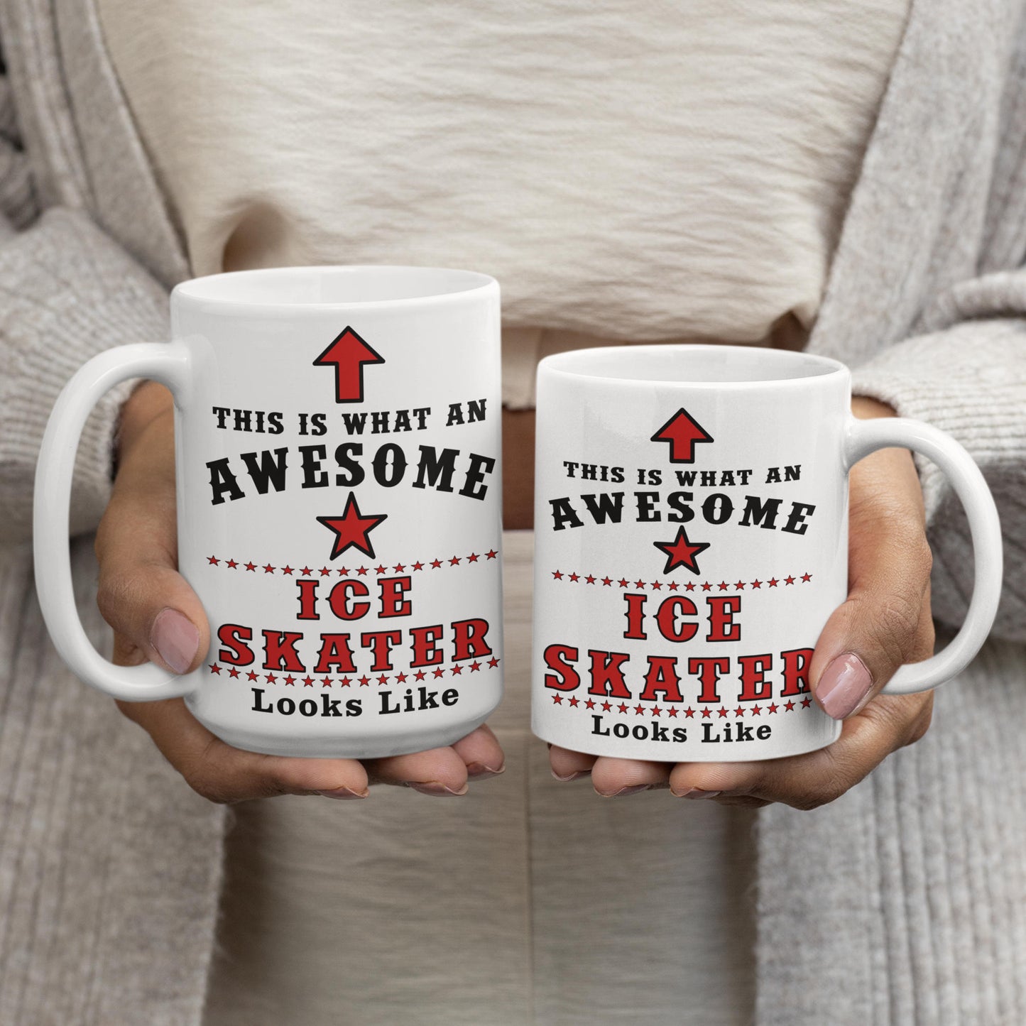 Woman holding two white mugs printed with "This Is What An Awesome Ice Skater Looks Like" showing the 15oz and 11oz size comparison