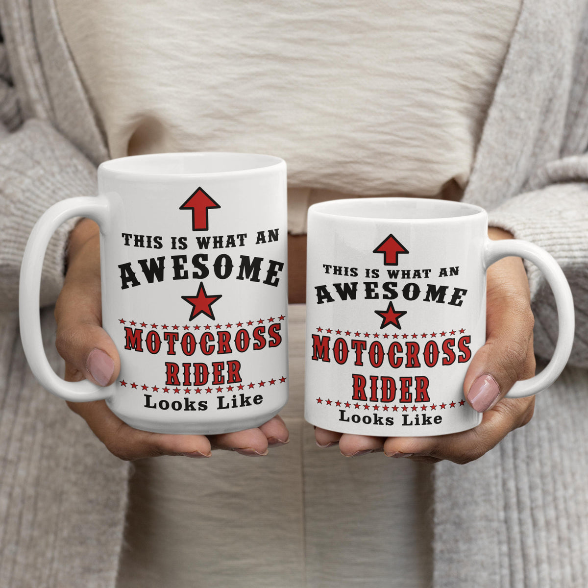 15oz and 11oz Awesome Motocross Rider mugs side by side size comparison