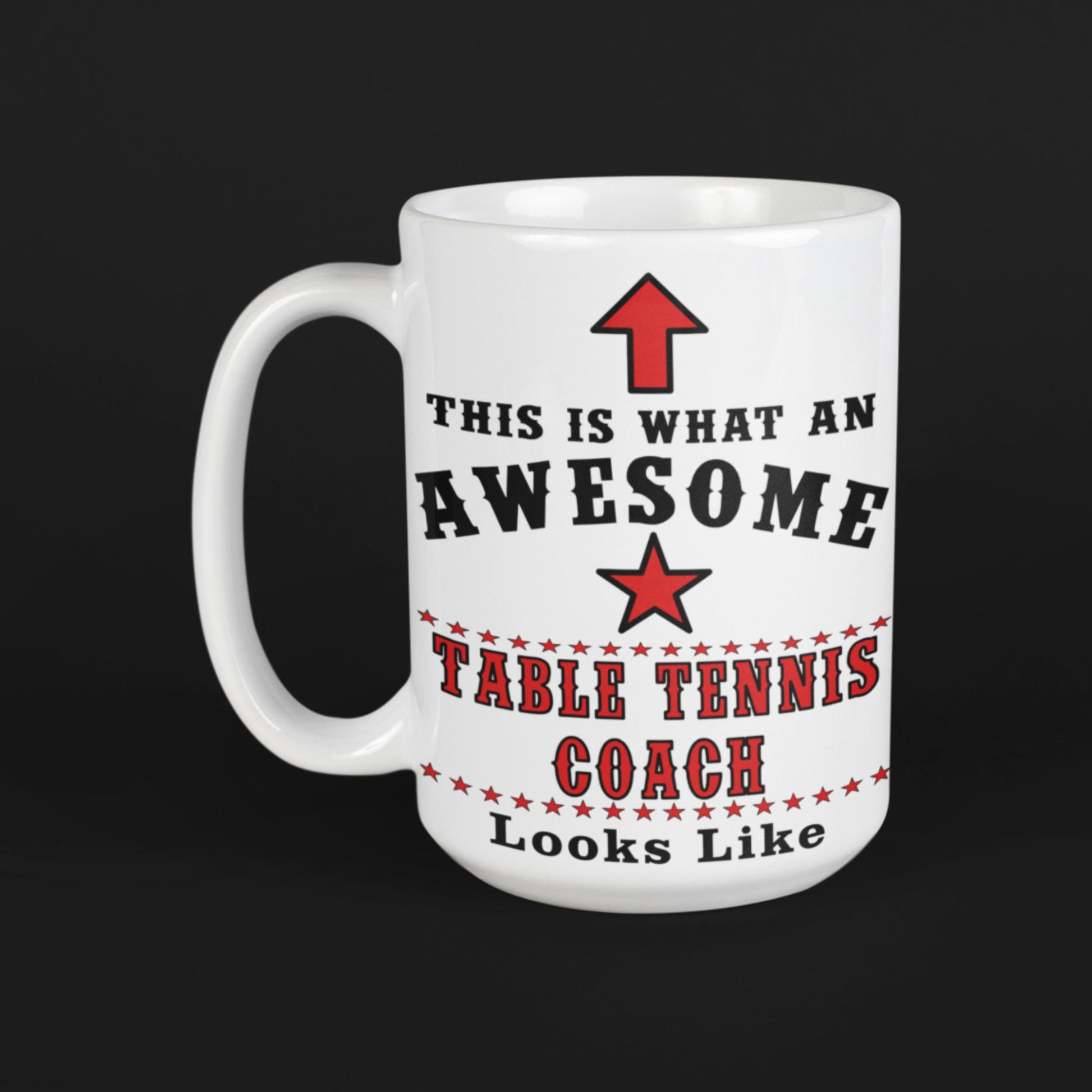 White 15oz Table Tennis Coach mug with red arrow and star design on black background"