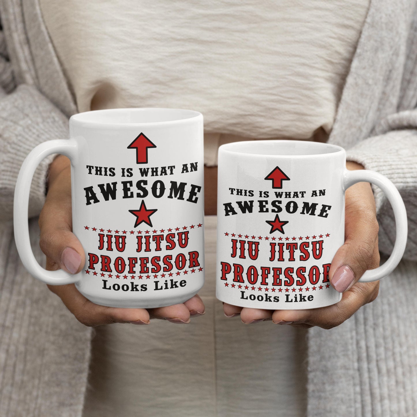 Awesome Jiu Jitsu Professor mug shown in 15oz and 11oz sizes, held side by side for comparison