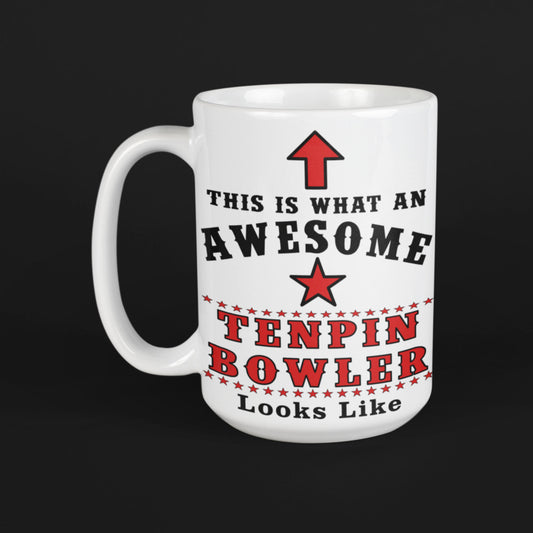 Awesome Tenpin Bowler 15oz mug on black background
