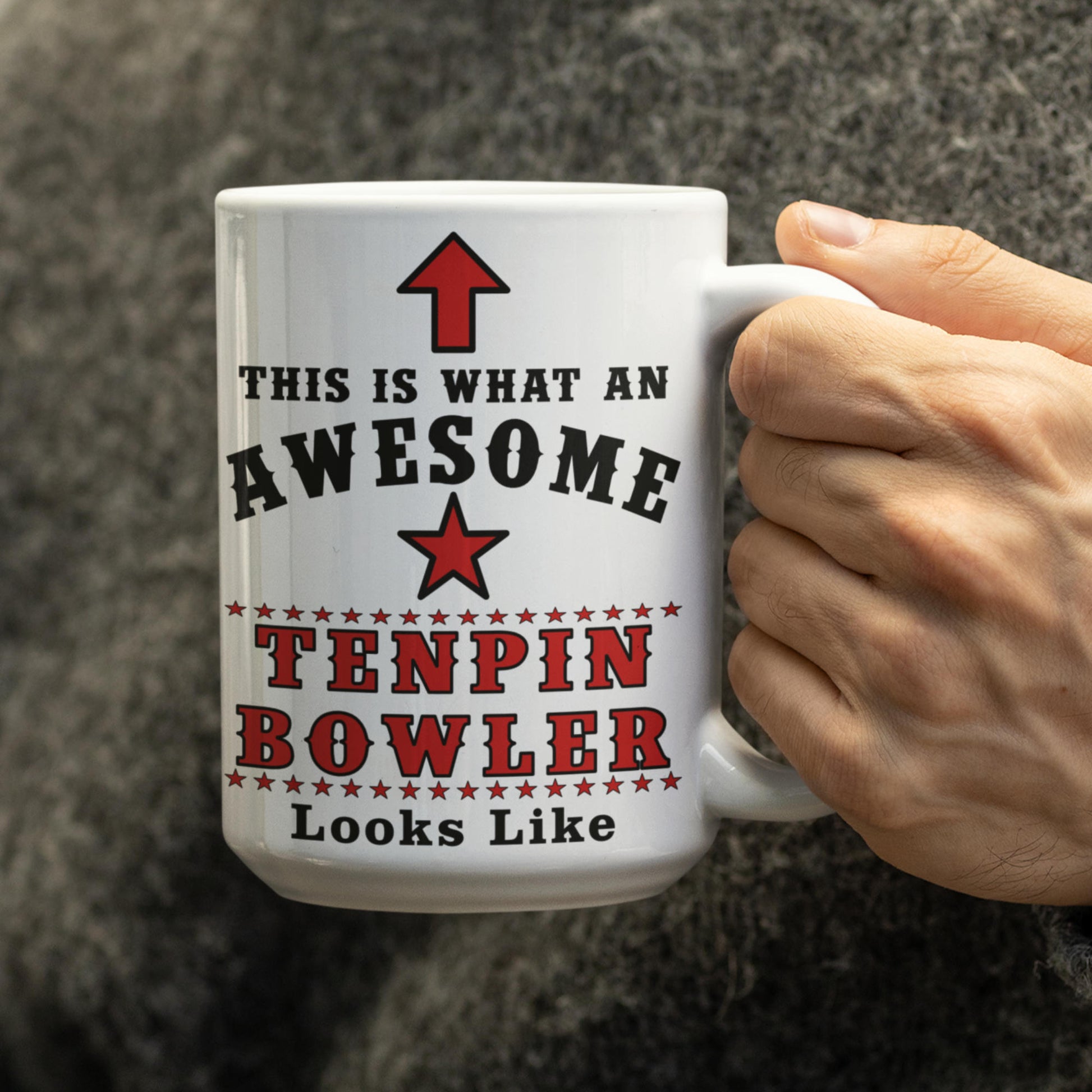 Awesome Tenpin Bowler 15oz mug held in hand
