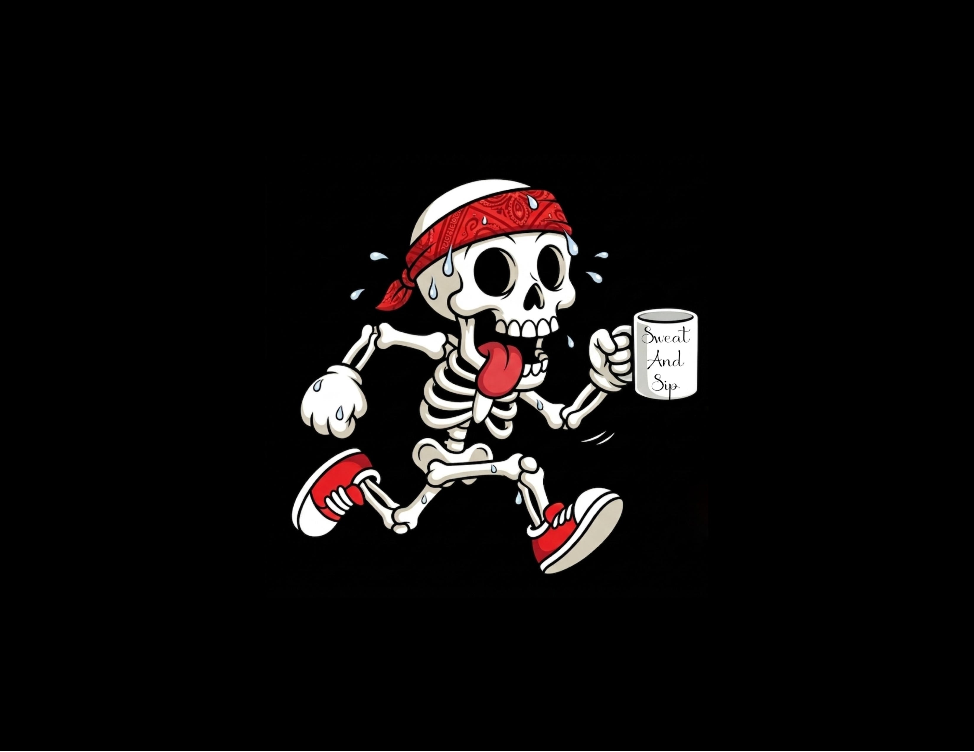 Sweat and Sip logo banner — cartoon skeleton wearing a red bandana and red sneakers, jogging while sweating and holding a mug labeled 'Sweat And Sip'"